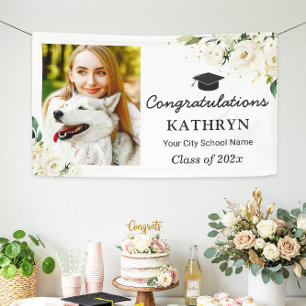 Greenery White Floral Graduation Party Grad Photo Banner