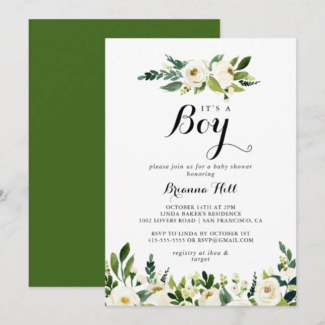 Greenery White Floral It's A Boy Baby Shower Invitation (Front/Back)