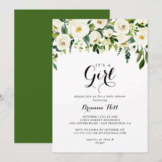 Greenery White Floral It's A Girl Baby Shower Invitation (Front/Back)