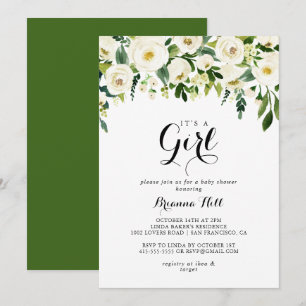 Greenery White Floral It's A Girl Baby Shower Invitation