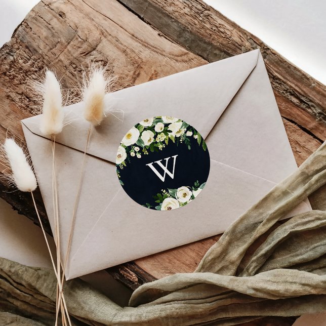 Greenery White Floral Royal Blue Monogram Wedding  Classic Round Sticker (Creator Uploaded)