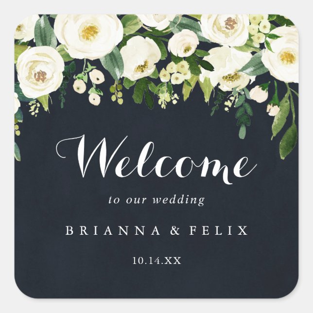 Greenery White Floral Royal Blue Wedding Welcome  Square Sticker (Front)