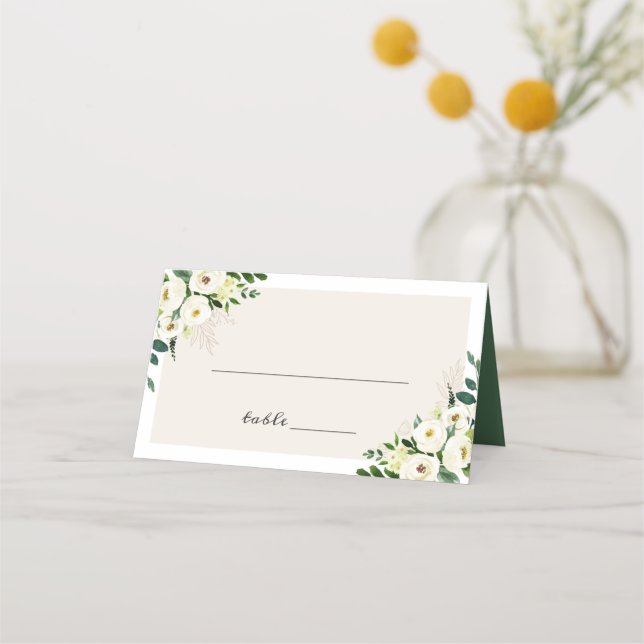 Greenery White Floral Wedding Place Card (Front)