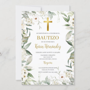 Greenery white flower Baptism Spanish Invitation