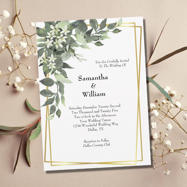 Greenery White Flowers Gold Frame Modern Wedding Invitation (Creator Uploaded)