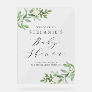 Greenery White Flowers Grey Baby Shower Welcome Acrylic Sign