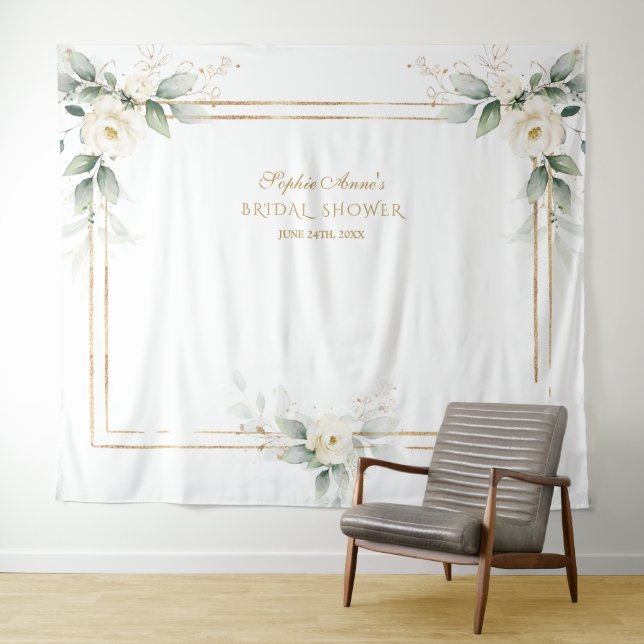 Greenery White Flowers Photo Prop Bridal Shower Tapestry (In Situ (Horizontal))