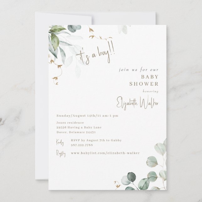 Greenery White It's a Boy Baby Shower  Invitation (Front)