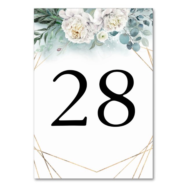 Greenery & White Peony Wedding Table Number Cards (Back)