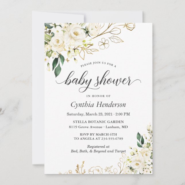 Greenery White Rose Floral Gold Baby Shower Invitation (Front)