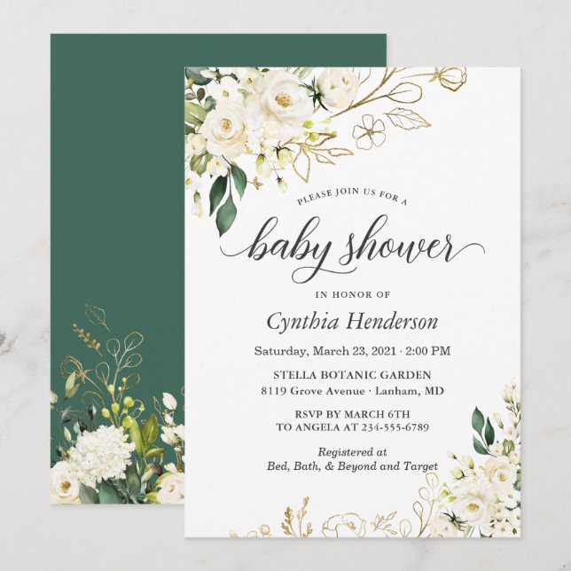 Greenery White Rose Floral Gold Baby Shower Invitation (Front/Back)