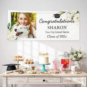 Greenery White Rose Floral Graduation Party Large Banner