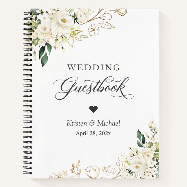 Greenery White Rose Gold Floral Wedding Guestbook Notebook (Front)