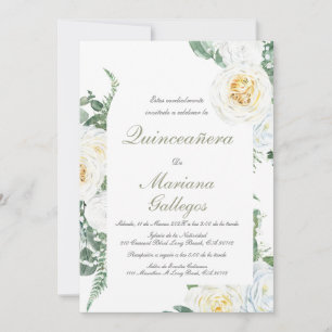 Greenery white rose Quinceanera Invitation