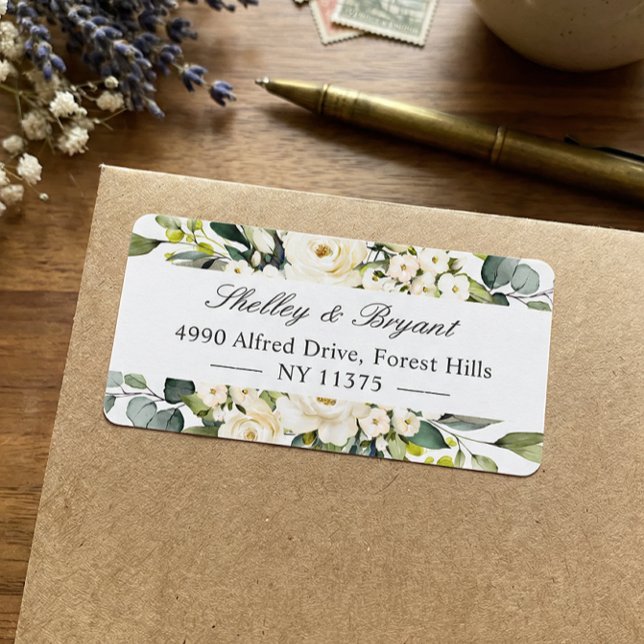 Greenery White Rose Watercolor Floral Address Label (Creator Uploaded)
