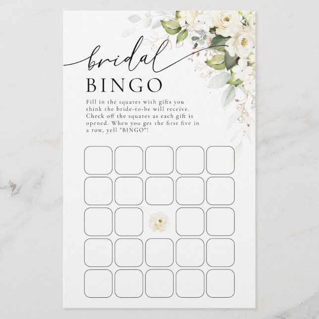 Greenery White Roses Bridal Shower Bingo (Front)