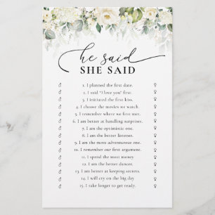 Greenery White Roses Bridal Shower Game