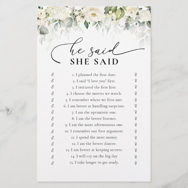 Greenery White Roses Bridal Shower Game (Front)