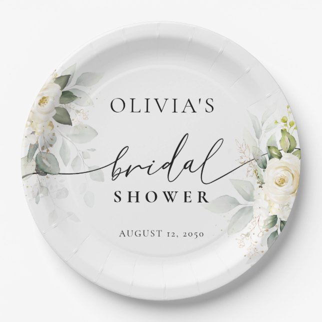 Greenery White Roses Bridal Shower Paper Plate (Front)