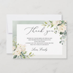 Greenery white roses eucalyptus bridal shower thank you card