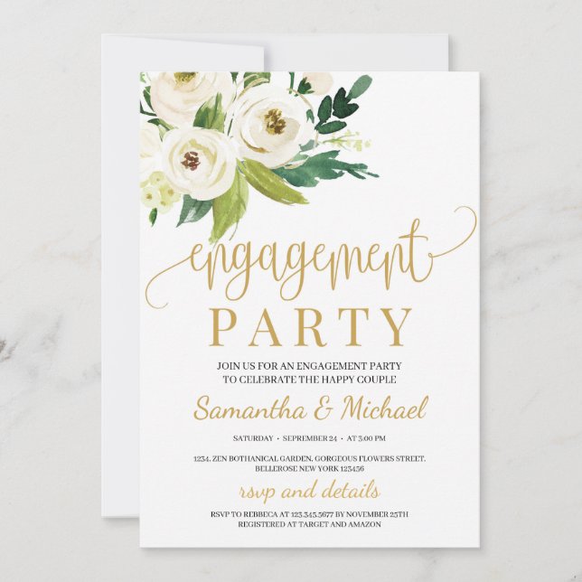 Greenery white roses floral gold engagement invitation (Front)