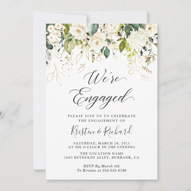 Greenery White Roses Gold Floral Engagement Party Invitation (Front)