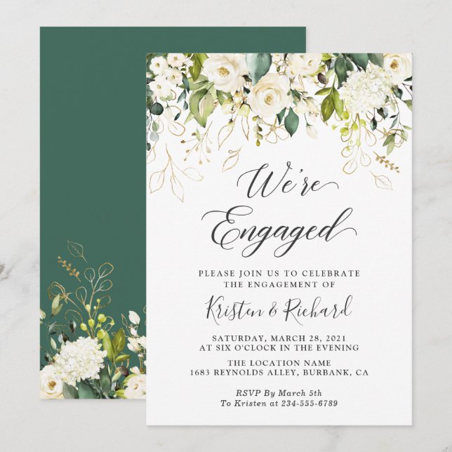 Greenery White Roses Gold Floral Engagement Party Invitation (Front/Back)