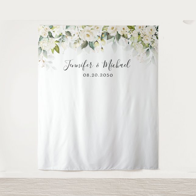 Greenery White Roses Wedding Backdrops Tapestry (Front)