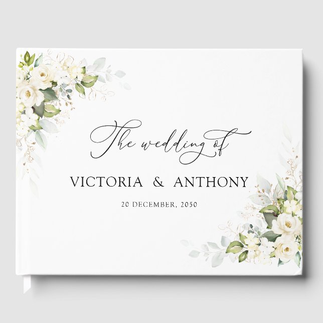 Greenery White Roses Wedding Guest Book (Front)