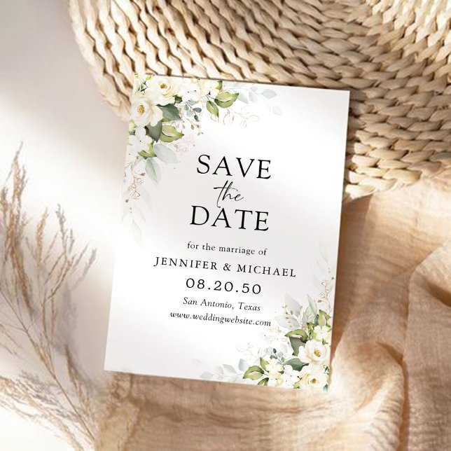 Greenery White Roses Wedding Save The Date Card (Creator Uploaded)