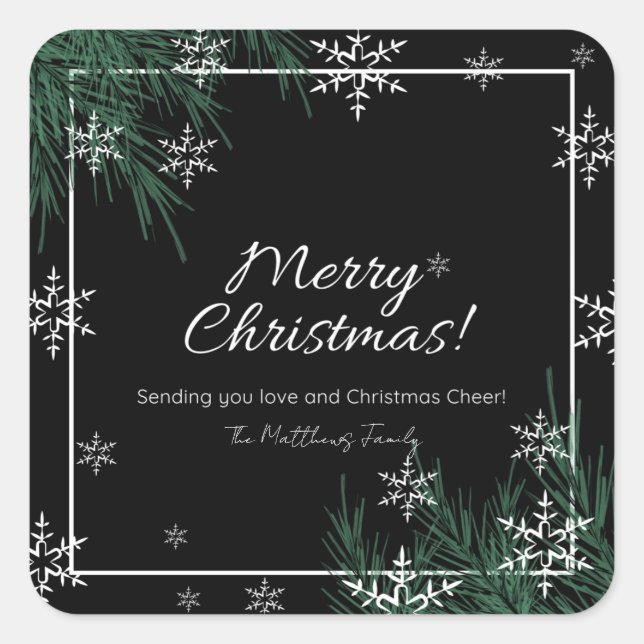 Greenery White Snowflake Christmas Family Name  Square Sticker (Front)