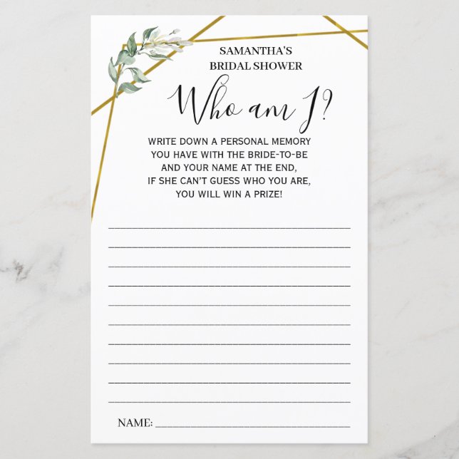 Greenery Who am I? bridal shower bilingual game (Front)