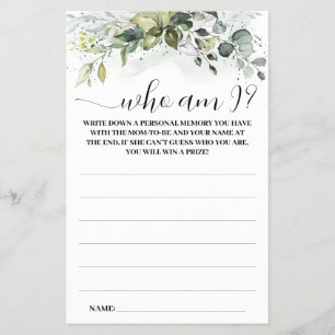 Greenery Who I am Baby Shower Game Card