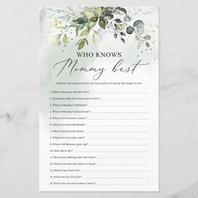Greenery who knows mummy best baby shower game (Front)