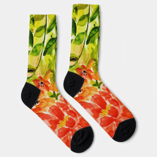 Greenery Wild Blooming Coral Flowers Watercolor Socks
