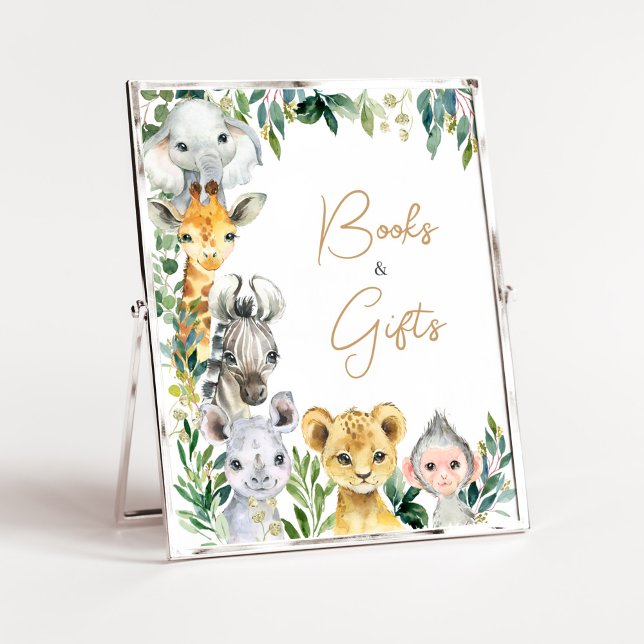Greenery Wild One Safari Books and Gifts Poster (Safari Baby Shower Books and Gifts Sign)