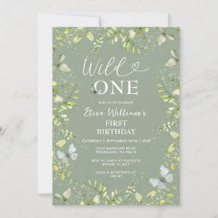 Greenery Wildflower Wild ONE Butterfly Party  Invitation