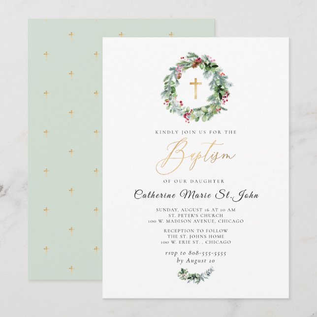 Greenery Winter Wreath Faux Gold Baptism Invitation (Front/Back)