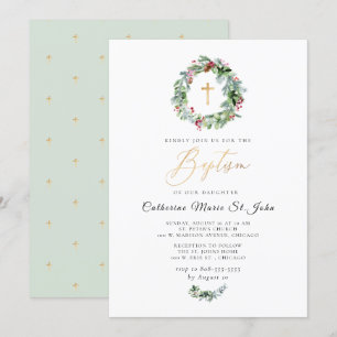 Greenery Winter Wreath Faux Gold Baptism Invitation