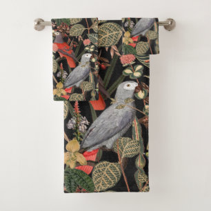 Greenery with Birds on Black Bath Towel Set