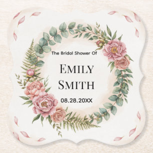 Greenery With Pink Flowers Romantic Bridal Shower Paper Coaster