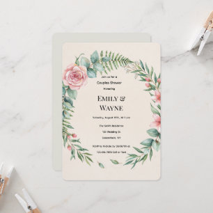 Greenery With Pink Flowers Romantic Couples Shower Invitation