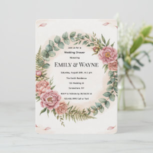 Greenery With Pink Flowers Romantic Wedding Shower Invitation