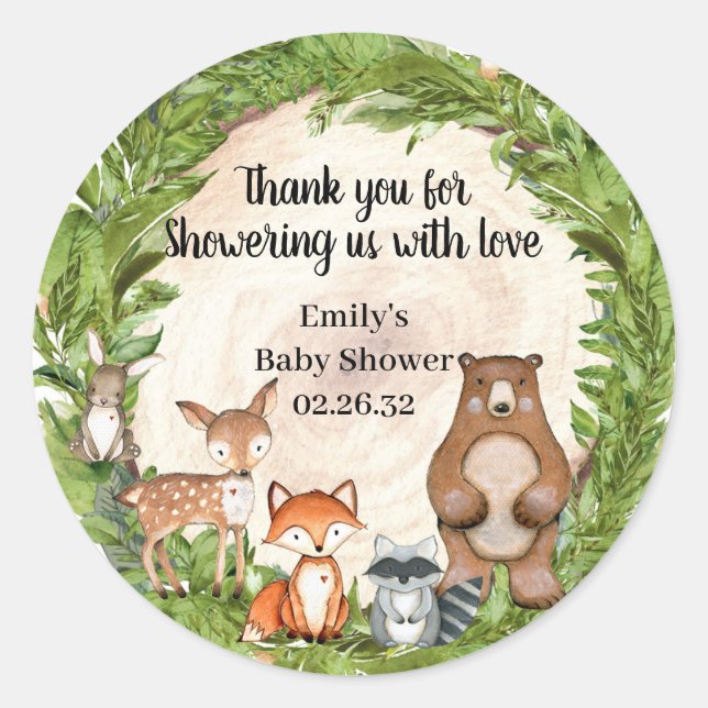 Greenery wood slice forest animals baby shower classic round sticker (Front)
