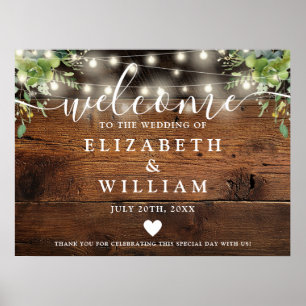 Greenery Wood String Lights Wedding Welcome Sign