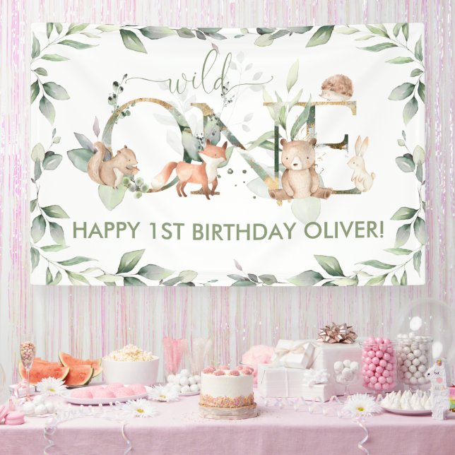 Greenery Woodland Animal Wild One Birthday Welcome Banner (Party)