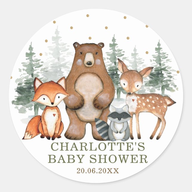 Greenery Woodland Animals Baby Shower 1st Birthday Classic Round Sticker (Front)