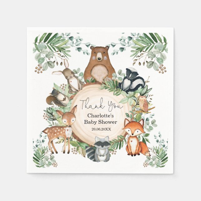 Greenery Woodland Animals Baby Shower 1st Birthday Napkin (Front)