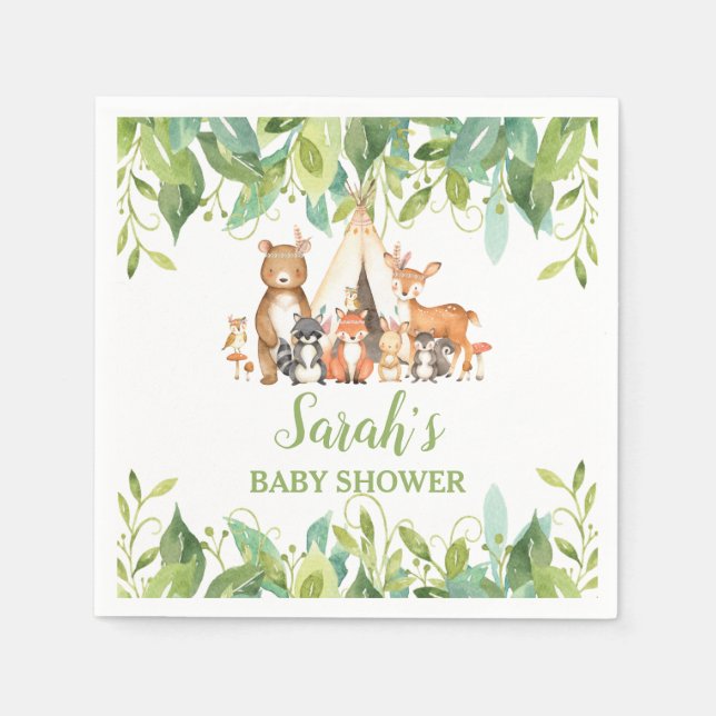 Greenery Woodland Animals Baby Shower Birthday Boy Napkin (Front)
