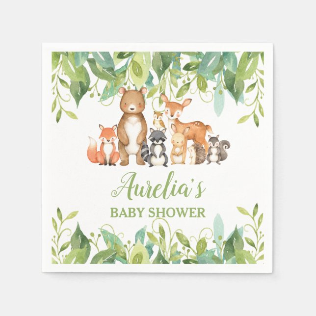Greenery Woodland Animals Baby Shower Birthday Boy Napkin (Front)
